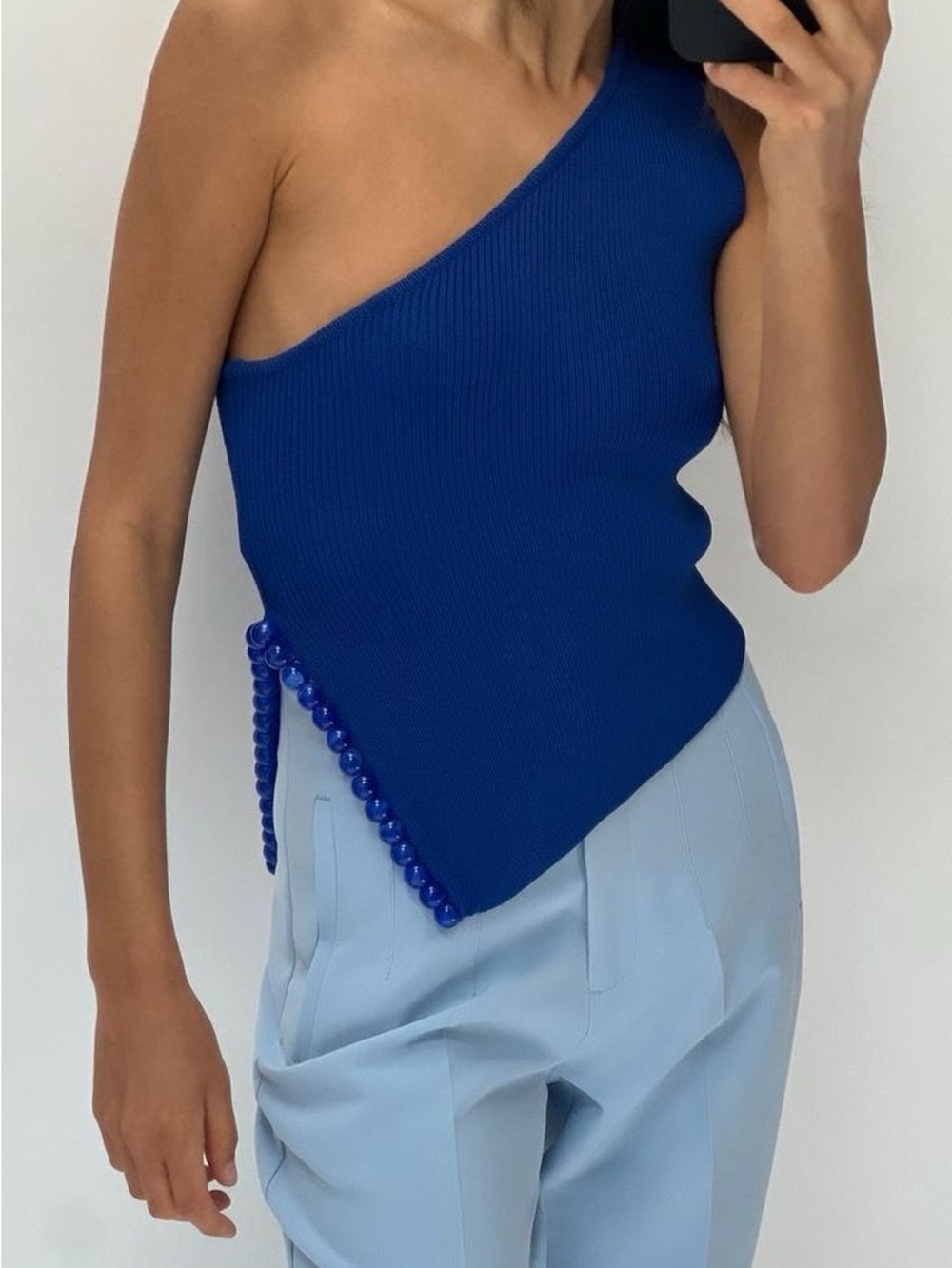Zara One-Shoulder Cobalt Beaded Knit Camisole
